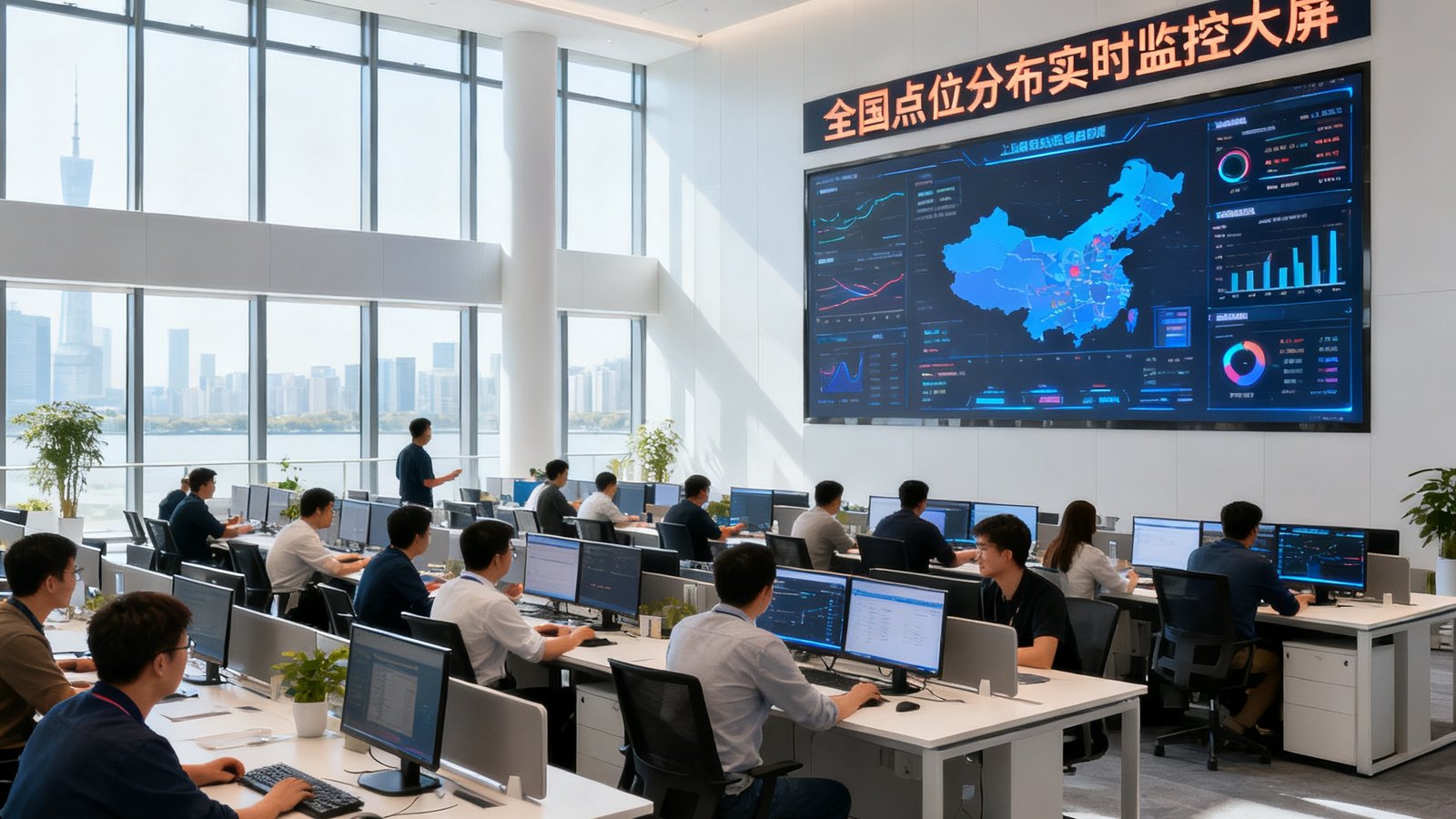 AGGAME上海浦东总部开放式办公区，数十名技术工程师和运营人员在宽敞明亮的办公室中协作，墙面上悬挂着全国点位分布实时监控大屏