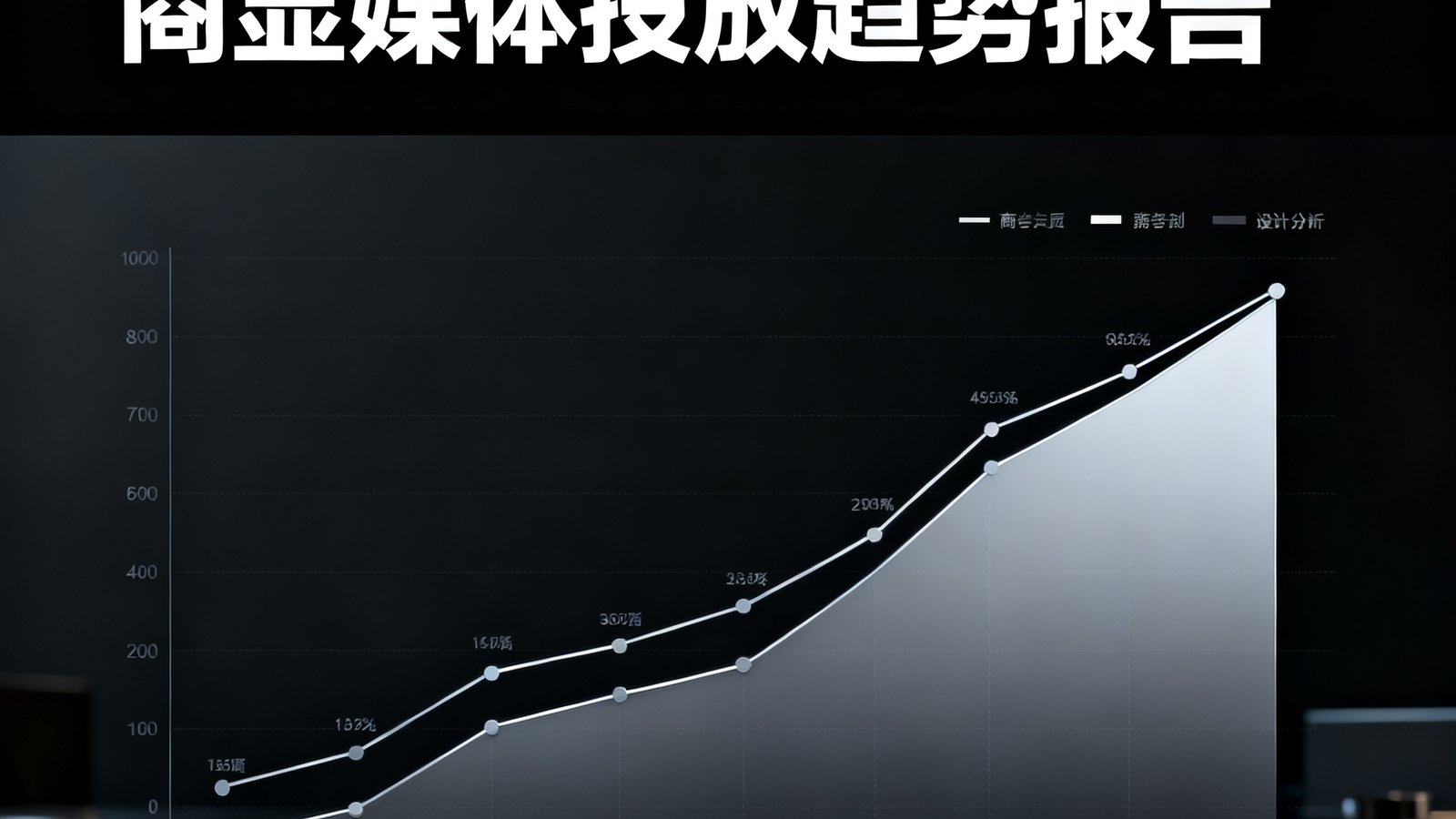2025年第二季度商显媒体投放趋势报告封面，深色背景上显示上升趋势曲线图和数据图表