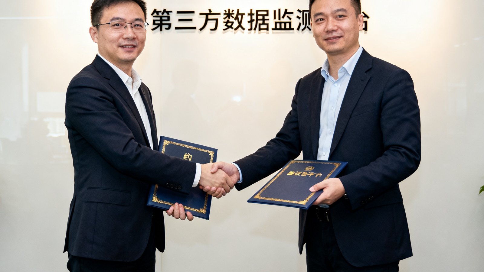 AGGAME与第三方数据监测平台战略合作签约仪式，双方代表握手交换协议文件