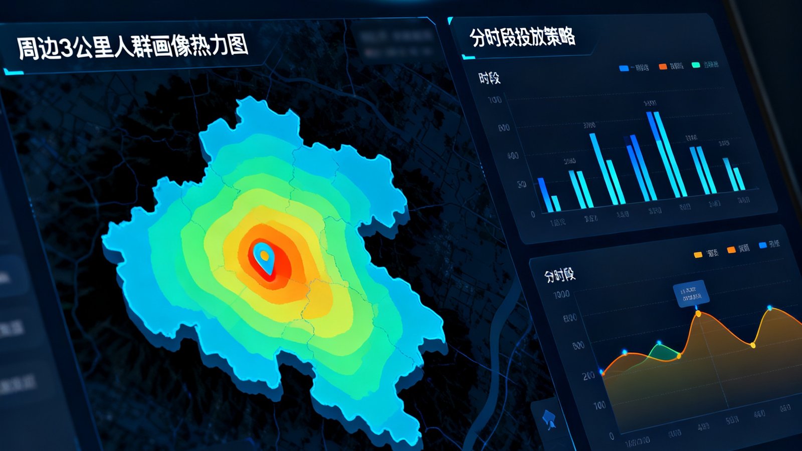AGGAME后台AI精准定向投放仪表盘界面，展示周边3公里人群画像热力图和分时段投放策略图表