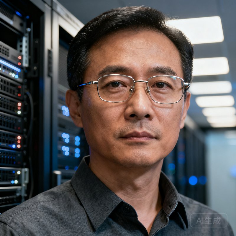 周建创始人兼首席技术官半身肖像照，40岁左右男性，戴眼镜，穿深色衬衫，背景为数据机房