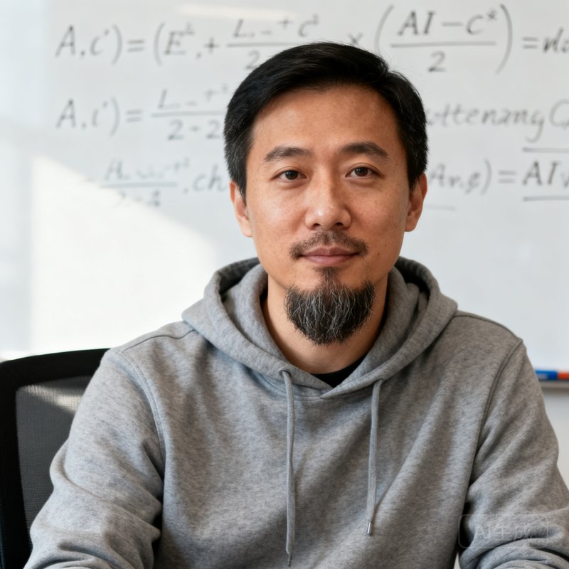 陈宇首席AI科学家半身肖像照，38岁男性，留胡须，穿灰色连帽衫，背景为白板上的算法公式