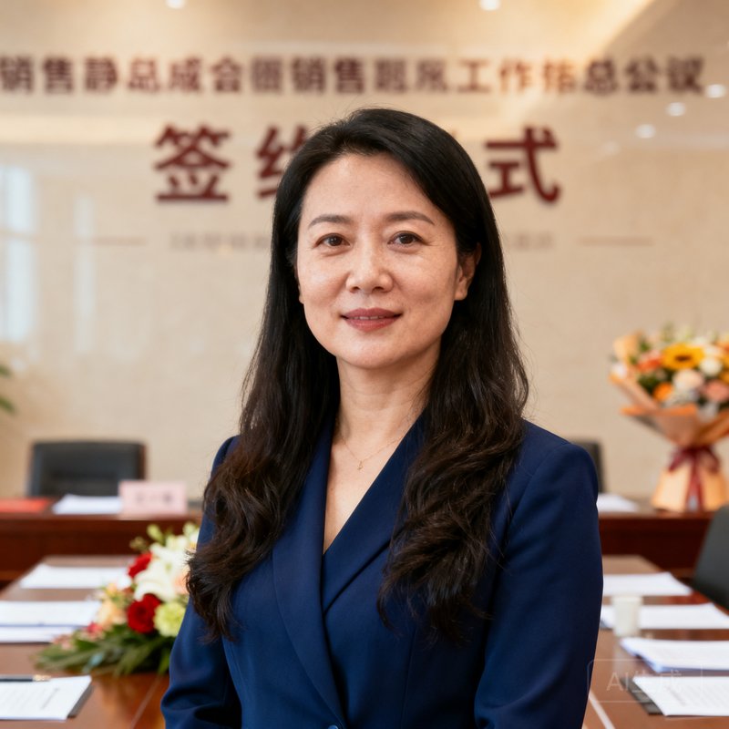 王静销售副总裁半身肖像照，42岁女性，长发，穿深蓝色职业装，背景为签约仪式现场
