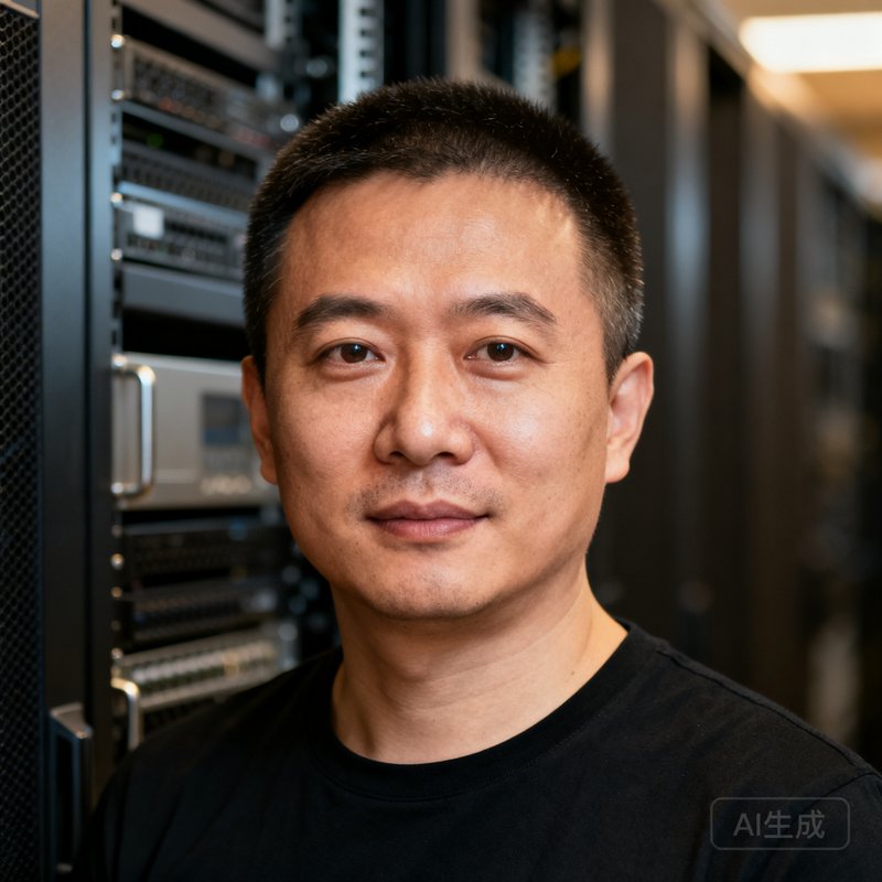 张磊工程副总裁半身肖像照，36岁男性，短发，穿黑色T恤，背景为服务器机架