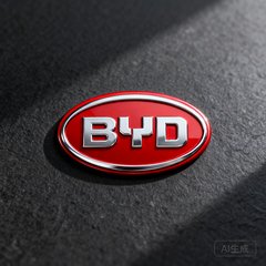 比亚迪汽车品牌标识，红色椭圆形徽章上印有银色字母BYD字样